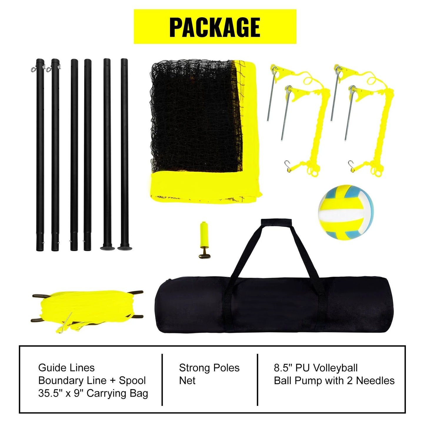 Portable Volleyball Net Kit for Outdoor Use, Steel Poles with Adjustable Height, Pro Volleyball Set Including PVC Volleyball, Pump, Transport Bag, Robust Volleyball Net