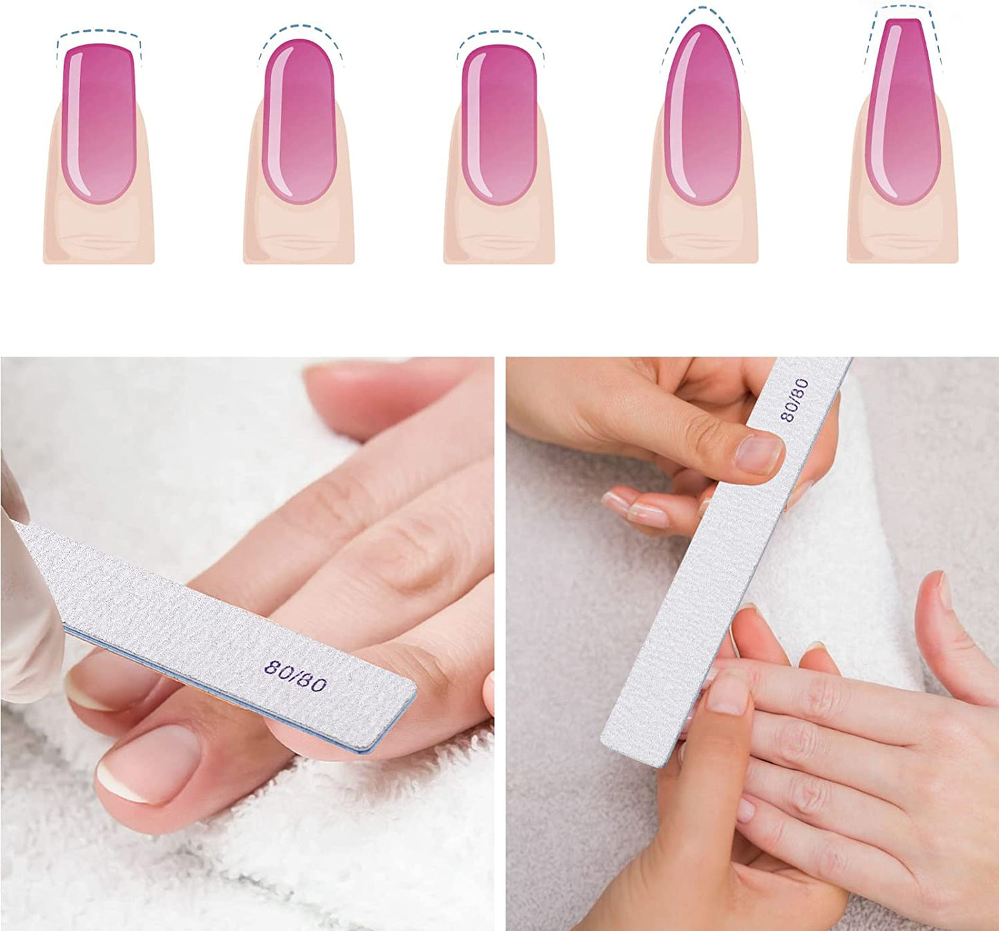 10 Count 80/80 Grit Rectangle Nail Files for Acrylic Nails, Reusable Buffering Files Double Sided Emery Boards for Nails