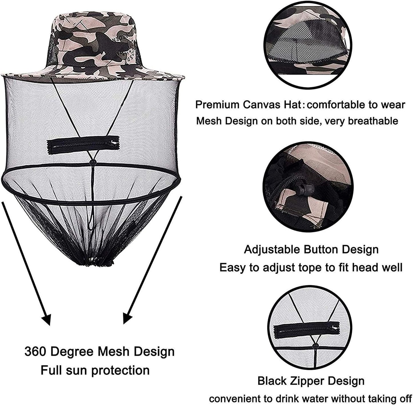2 Pack Head Net Hat, Sun Hat Bucket Hat Fishing Hat with Hidden Net Mesh for Outdoor Lover Fishing Hiking Gardening Beekeeping Men or Women Armygreen