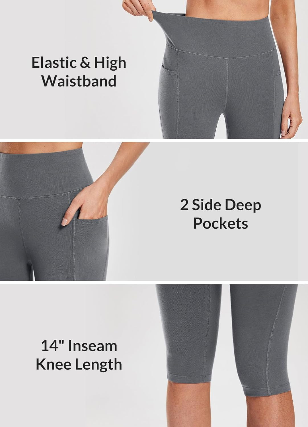 Women'S Knee Length Cotton Capri Leggings with Pockets, High Waisted Casual Summer Yoga Workout Exercise Pants