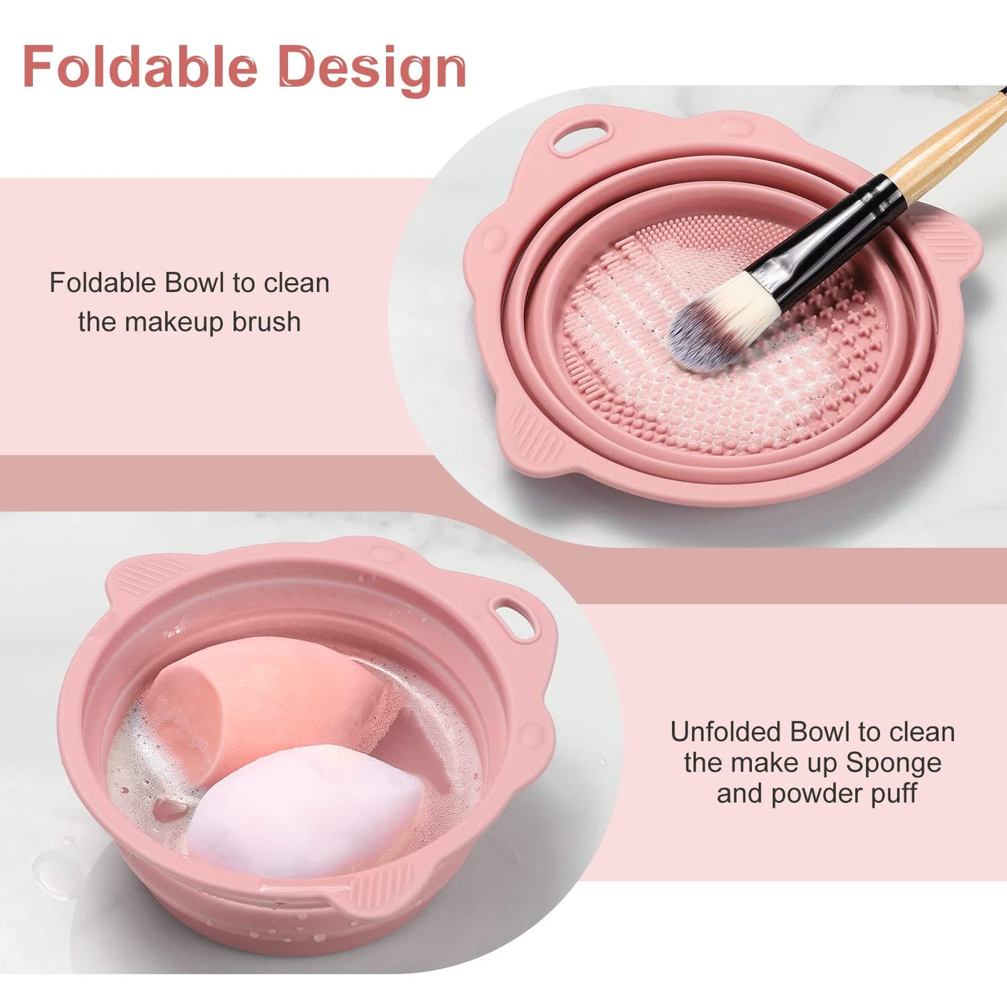 Foldable Silicone Makeup Brush Cleaner Bowl - Portable Cleaning Tool for Brushes, Powder Puffs, and Sponges (Pink)