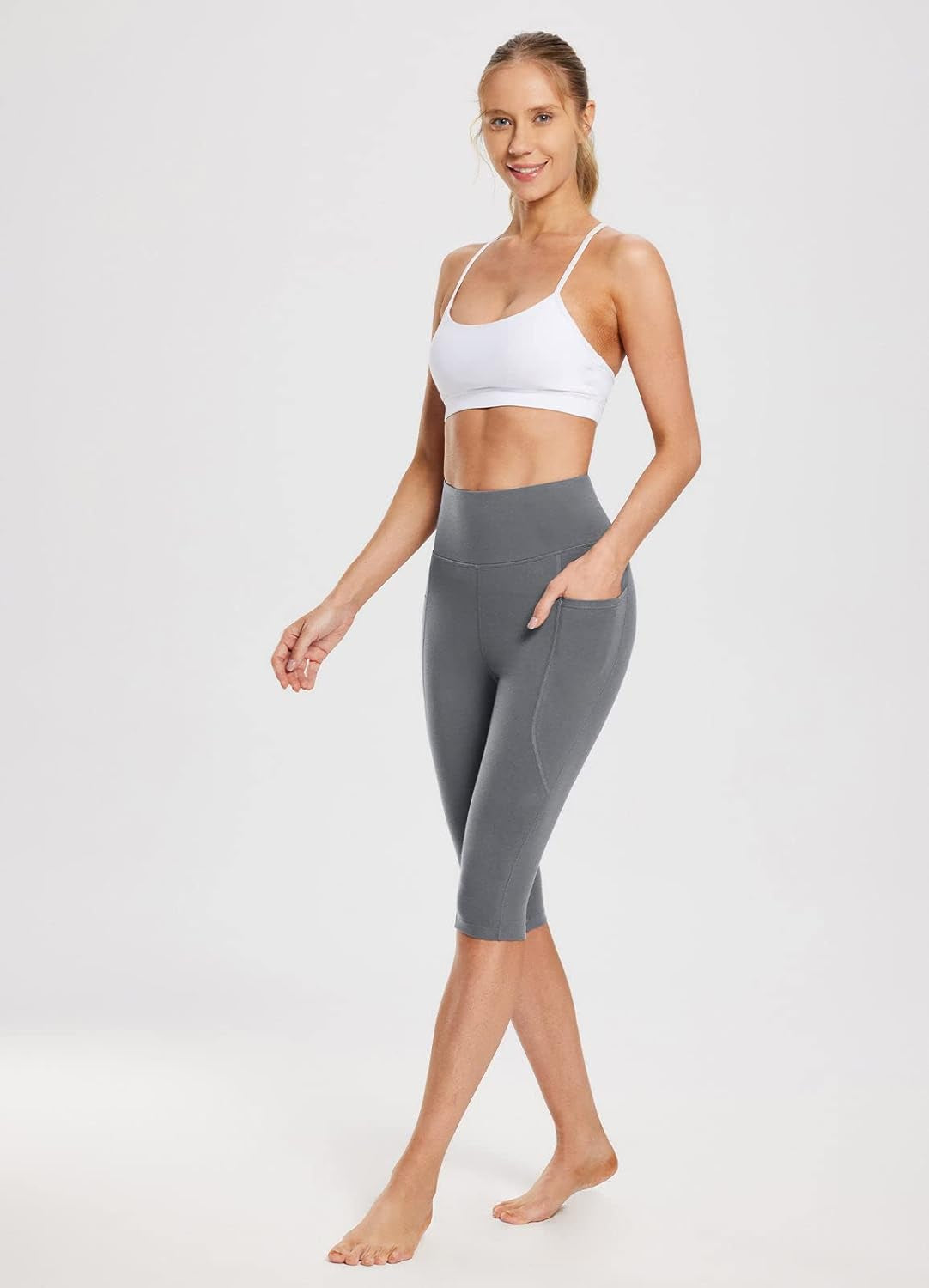 Women'S Knee Length Cotton Capri Leggings with Pockets, High Waisted Casual Summer Yoga Workout Exercise Pants