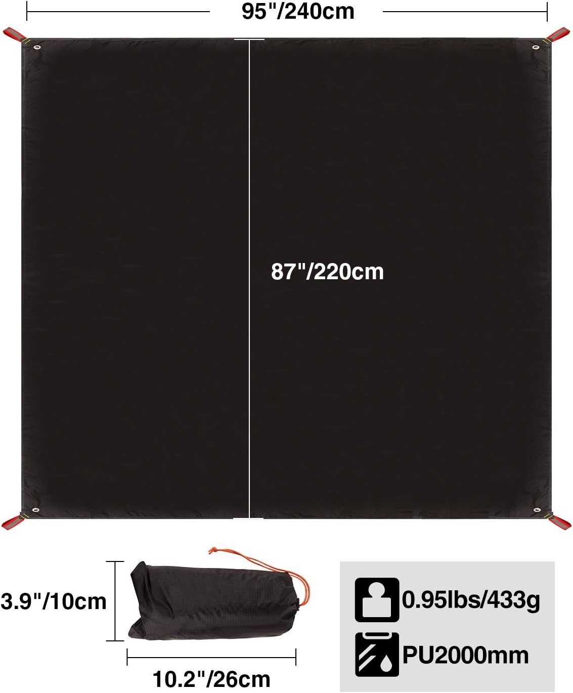 Ultralight Tent Footprint, PU 2000 Waterproof Camping Tent Tarp with Drawstring Carrying Bag for Ground Camping Hiking (95"X87" UL Black)