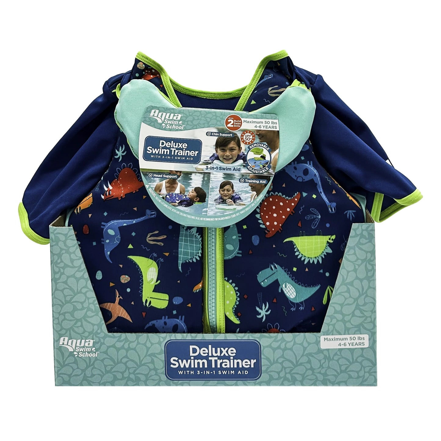 Swim Training Vest with Collar for Children, Blue Dino, M-L, Ages 4-6, Unisex