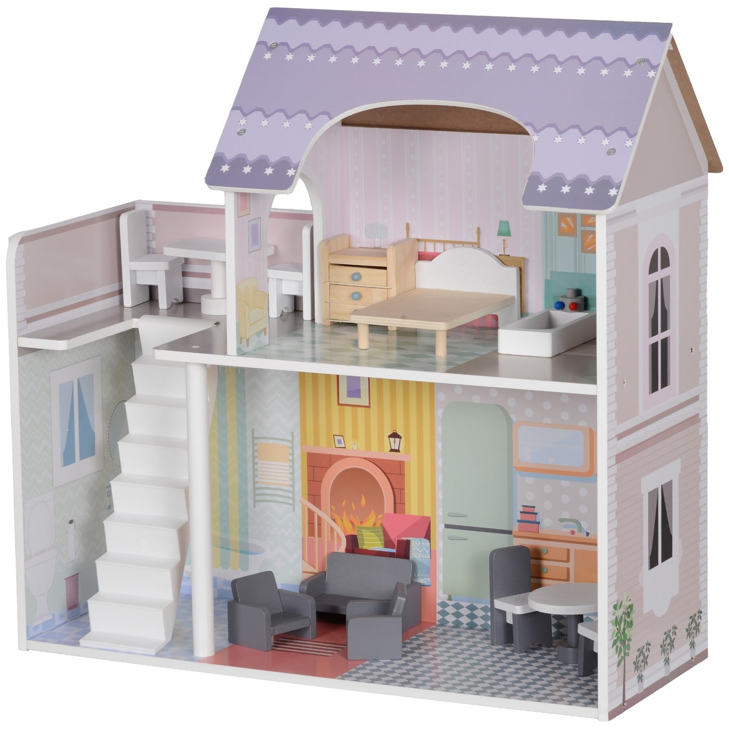 2 Levels Doll House, Pretend Play Set W/ 13 Furniture Pieces, for 3-6 Years