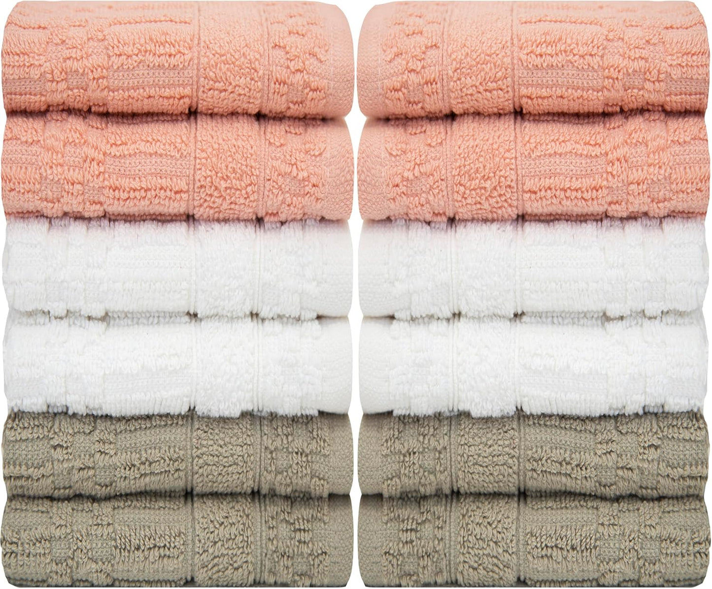 Diamond Wash Cloths Set - 12 Pack (12” X 12”) – 509 GSM - 100% Ring Spun Cotton Wash Cloth - Super Soft and Highly Absorbent Face Towels (Blush, White & Tan)