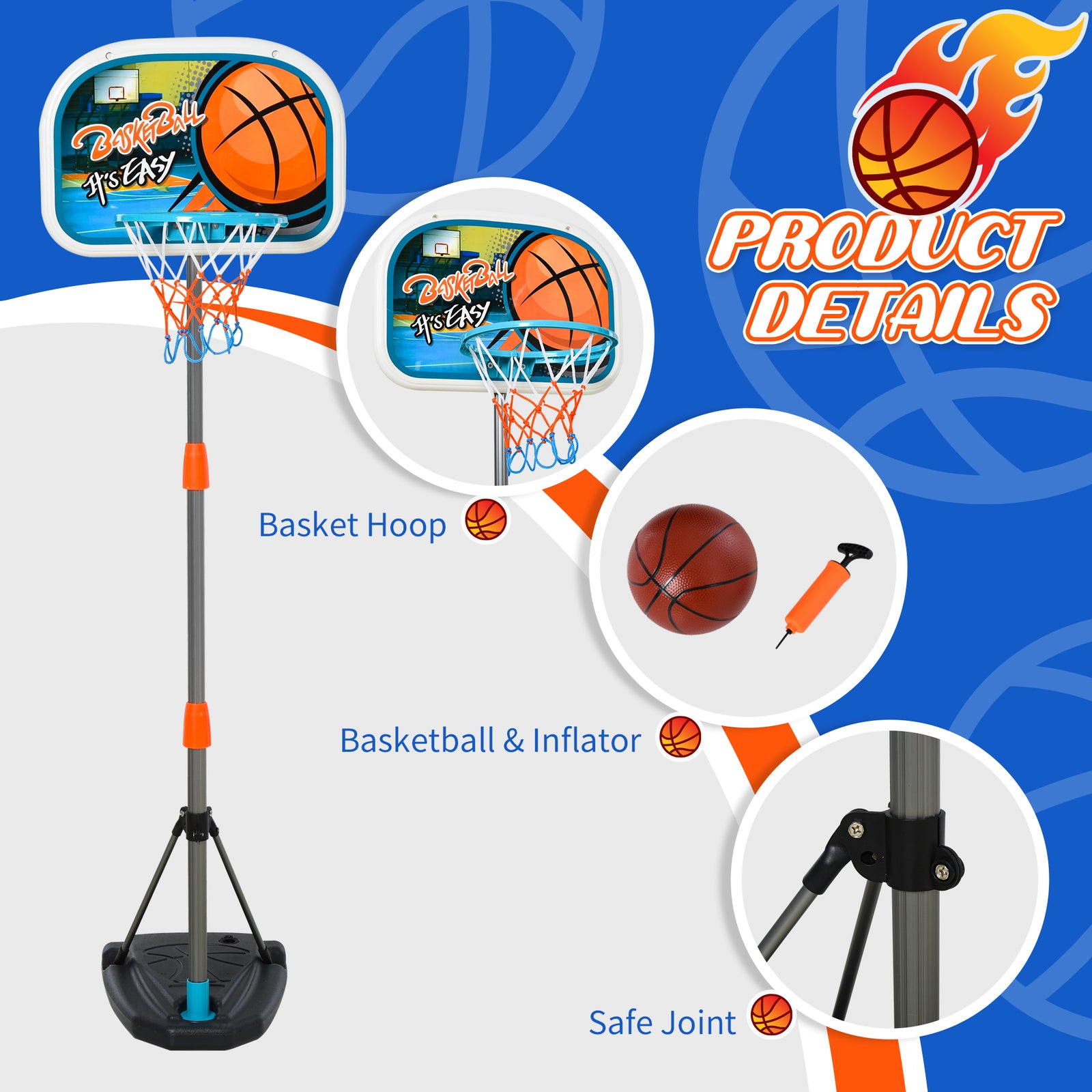 3 Pcs Kids Basketball Set W/ Hoop Ball Pump Height Fillable Base 3-8 Yrs