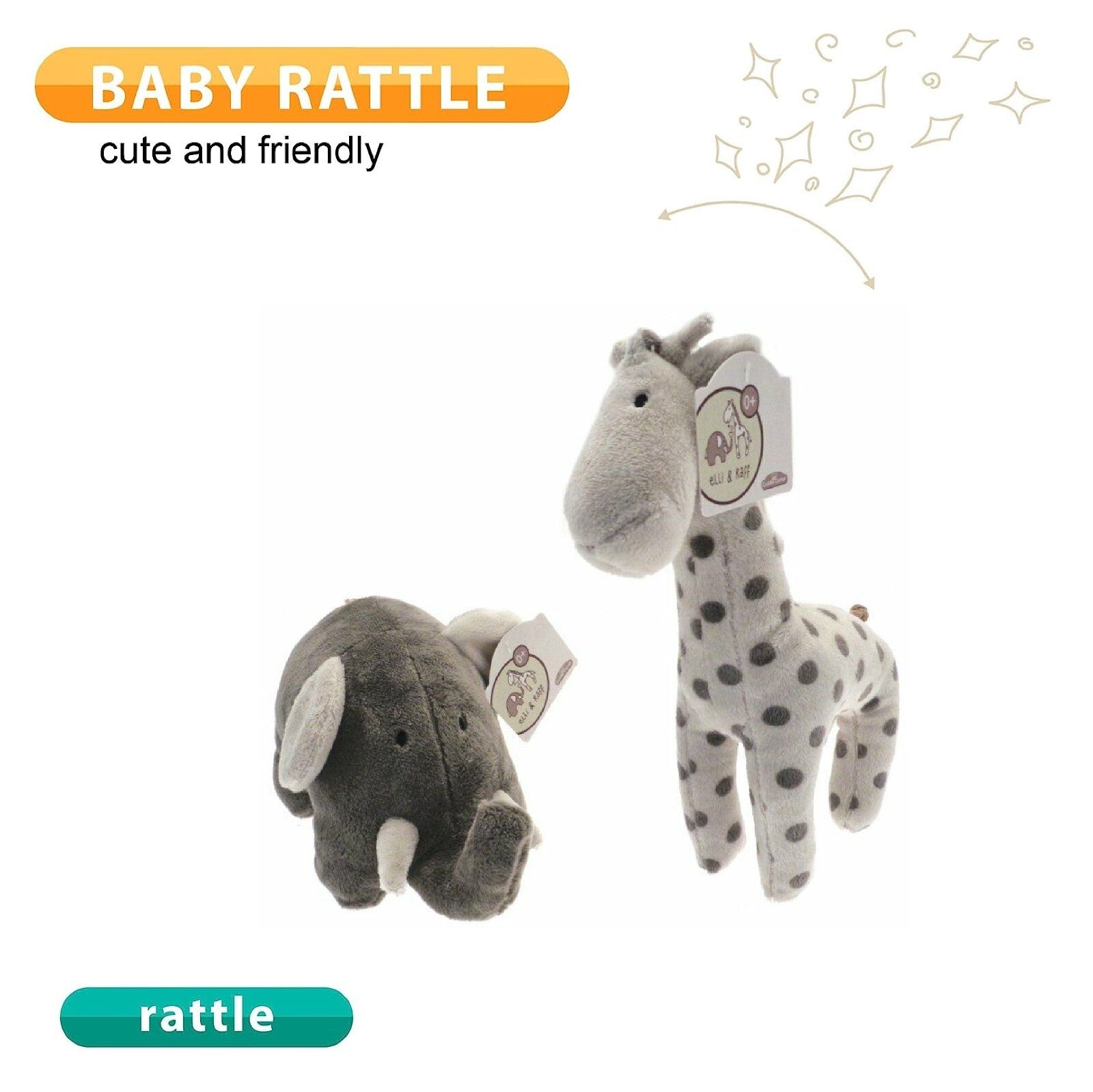 ELLI and RAFF PLUSH BABY TEETHER/RATTLE FIRST SOFT TOY for TINY HANDS