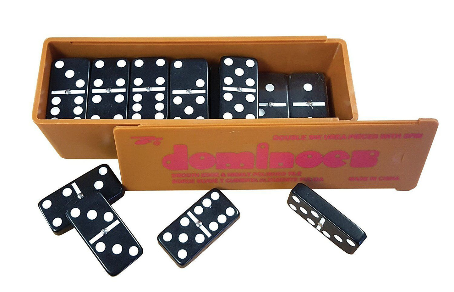 New Double Six Dominoes with Spinners in the Box with Slide Lid Black Dominos