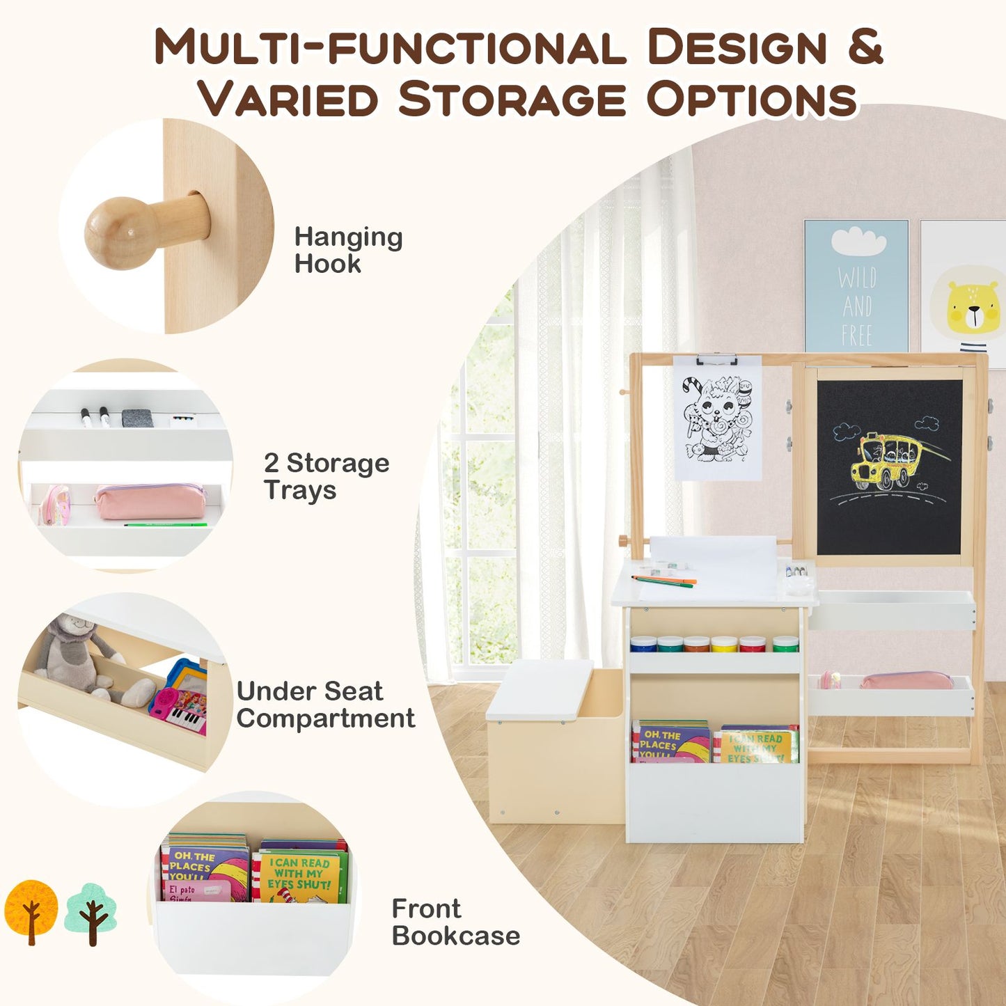 Kids Art Easel Table and Bench Set with Adjustable Easel and Bookshelf