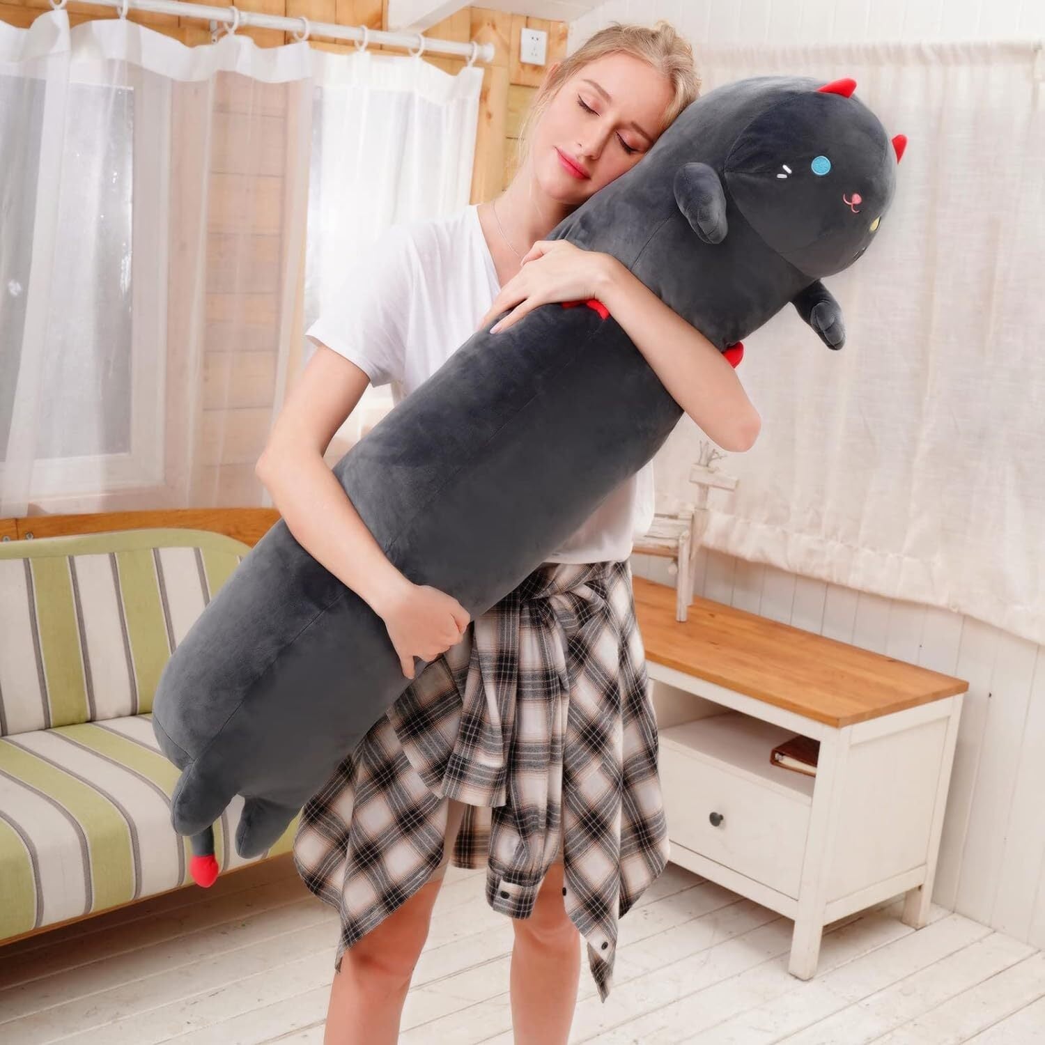 Long Cat Plush Pillow Sleeping Hugging Cushion Stuffed Cute Squishy Kitty Black