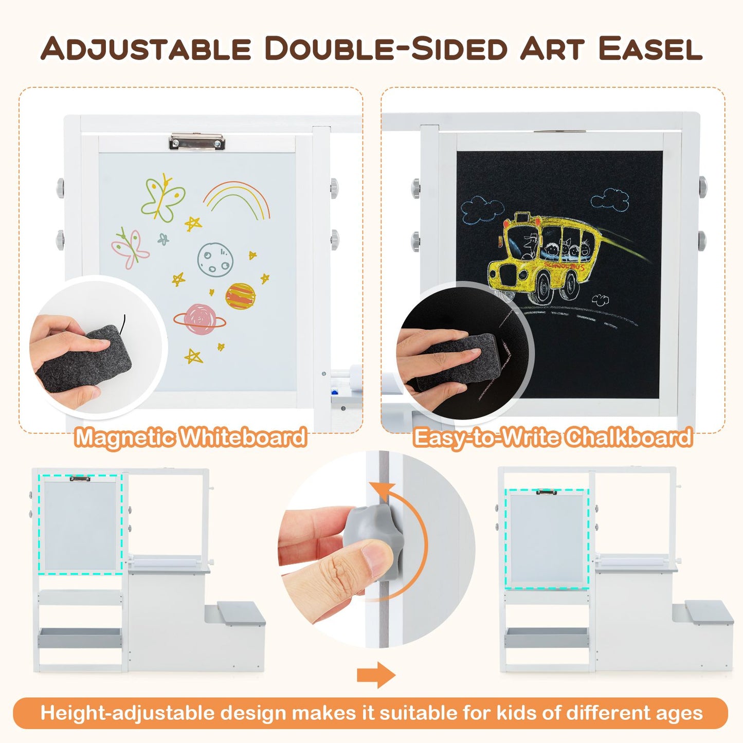 Kids Art Easel Table and Bench Set with Adjustable Easel and Bookshelf