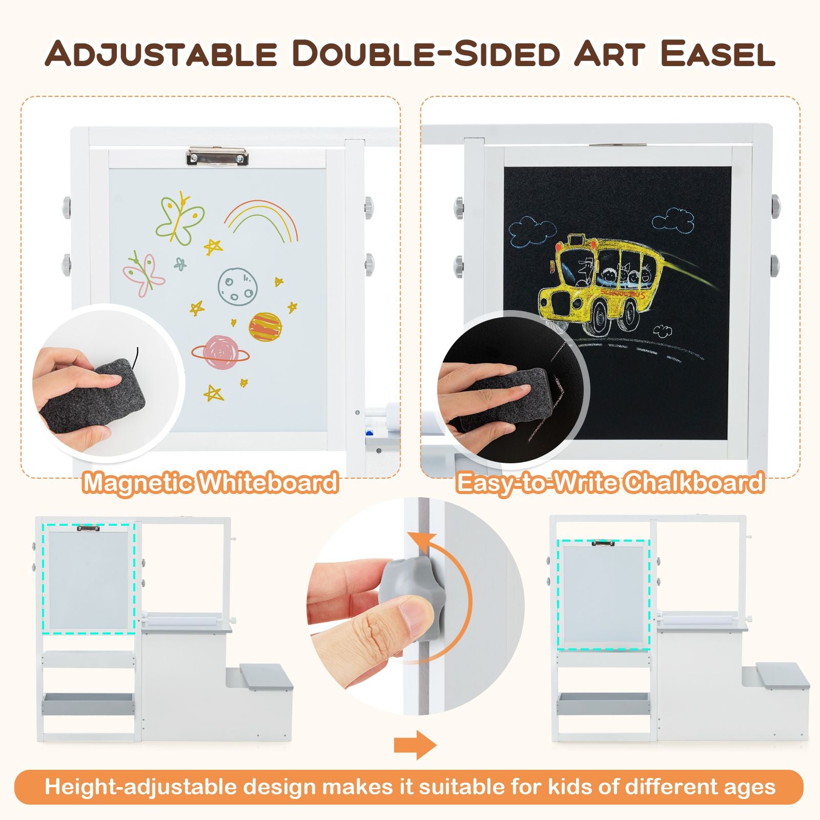 Kids Art Easel Table and Bench Set with Adjustable Easel and Bookshelf