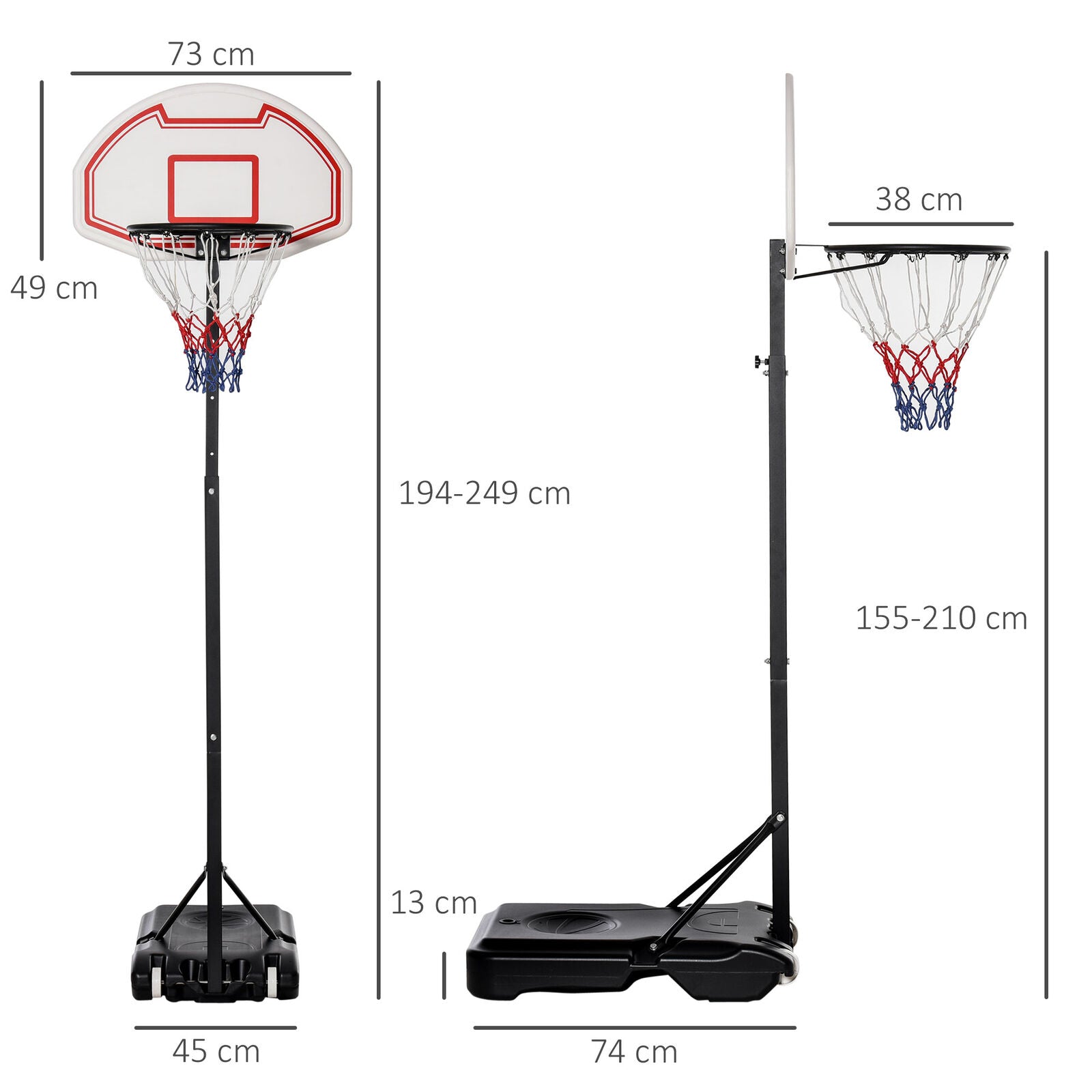 155-210Cm Adjustable Basketball Stand, Sports Backboard W/ Net Hoop, Wheels