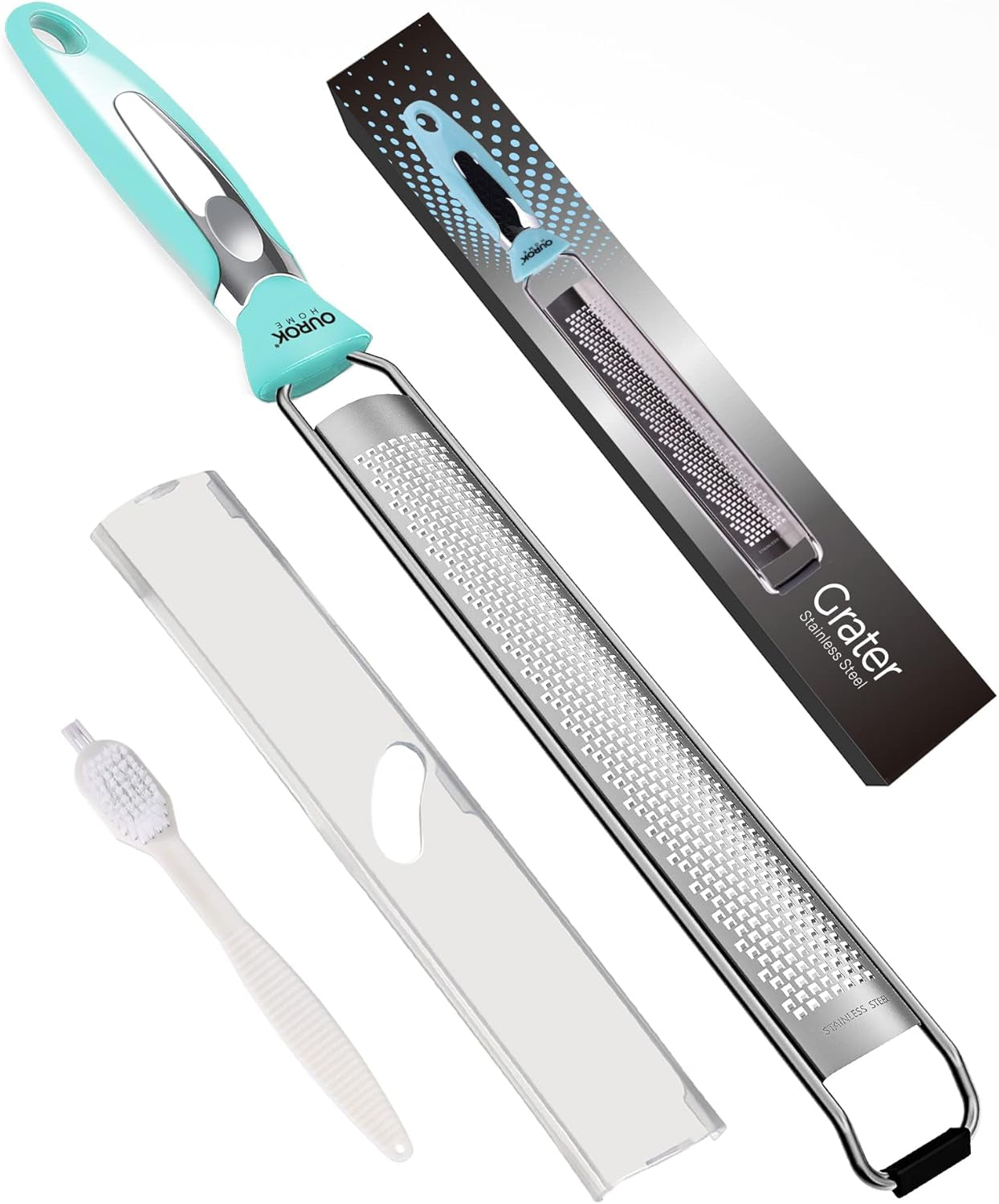 Kitchen Lemon Zester, Stainless Steel Hand Held Parmesan Cheese Grater for Ginger, Chocolate, Coconut, Lime, Nutmeg, Citrus, Fruit, Vegetable with Cleaning Brush, Dishwasher Safe, Blue