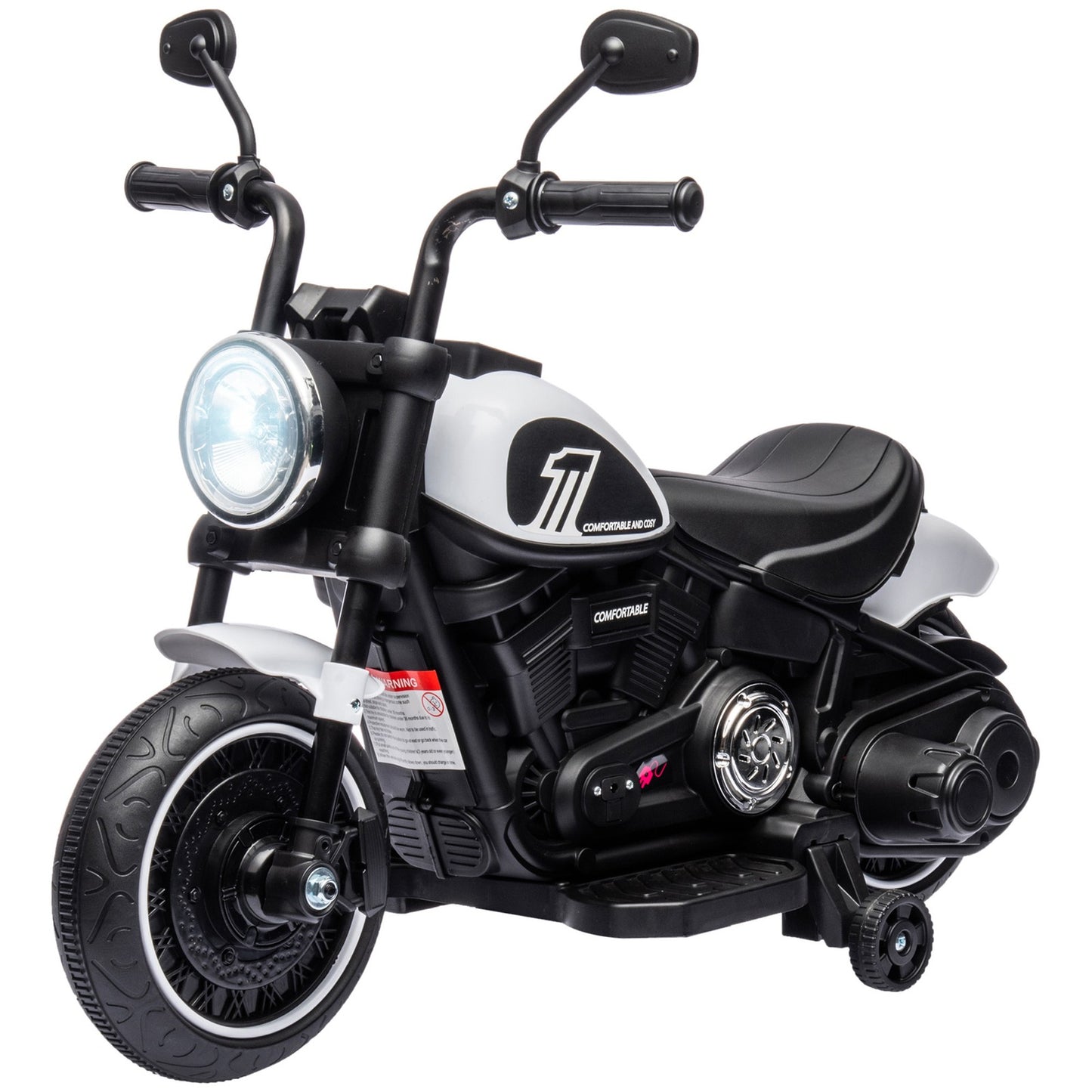 HOMCOM 6V Electric Motorbike with Training Wheels, One-Button Start - White