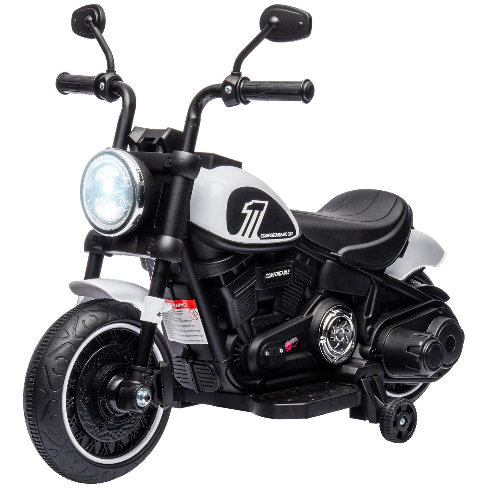 HOMCOM 6V Electric Motorbike with Training Wheels, One-Button Start - White