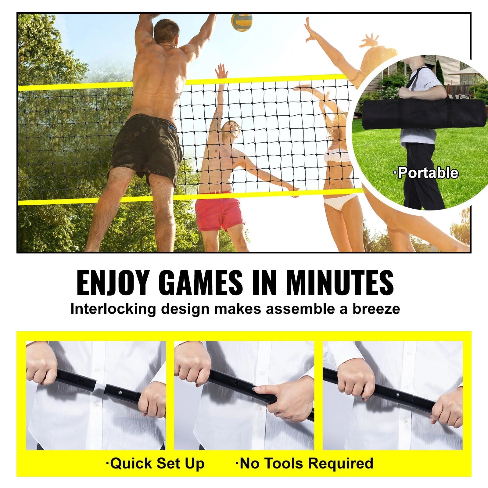 Portable Volleyball Net Kit for Outdoor Use, Steel Poles with Adjustable Height, Pro Volleyball Set Including PVC Volleyball, Pump, Transport Bag, Robust Volleyball Net