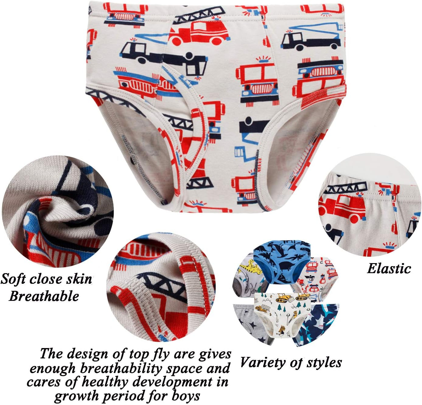 100% Cotton Little Boys Briefs Soft Dinosaur Truck Toddler Underwear