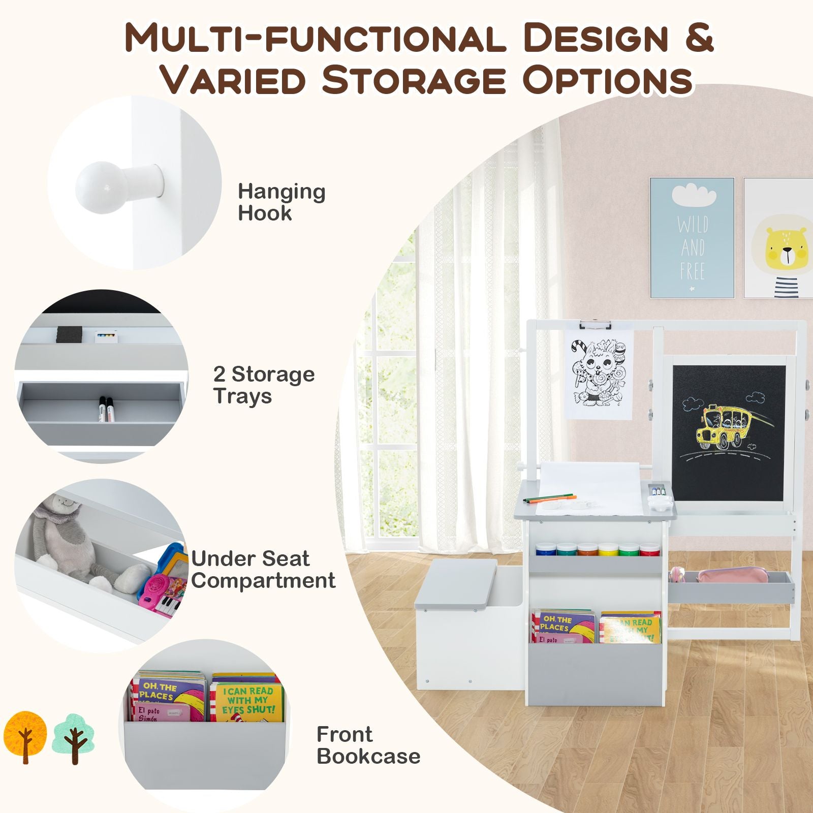 Kids Art Easel Table and Bench Set with Adjustable Easel and Bookshelf