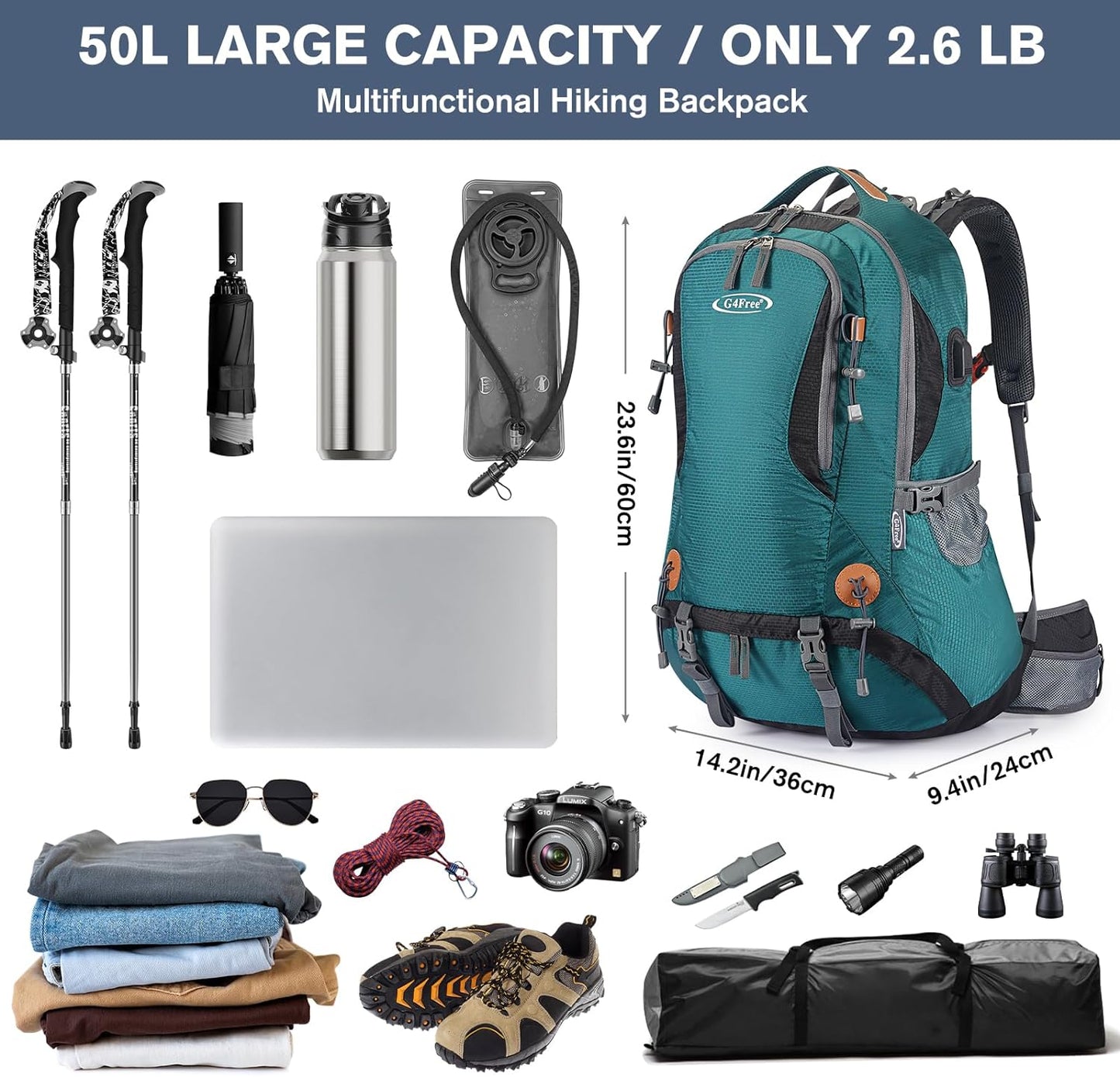 50L Hiking Backpack Waterproof Daypack Outdoor Camping Climbing Backpack with Rain Cover for Men Women