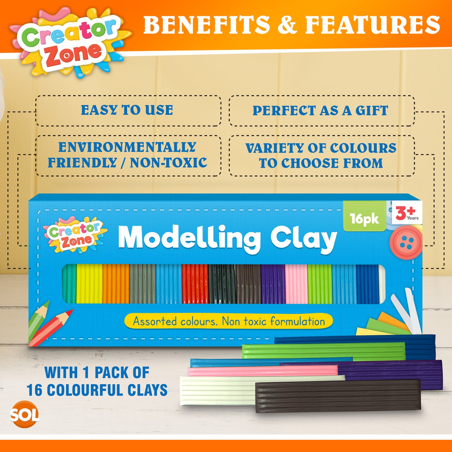 16Pk Kids Modelling Clay Set 16 Colours Plasticine Putty Strips Children Craft