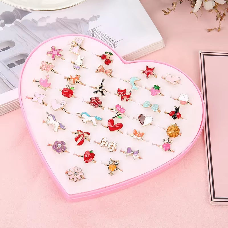 10/20/36 Pcs Cute Adjustable Rings Children Girls Pretend Play Makeup Toys Cartoon Crystal Jewelry Alloy Animal Enamel Ring