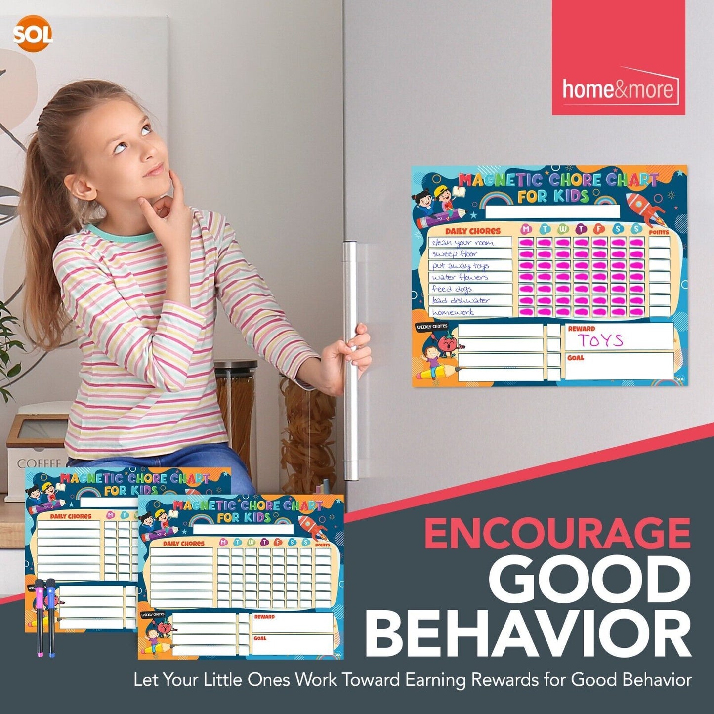2Pk Reward Chart Magnetic Reusable Behaviour Chore for Kids Children + Wipe Pens
