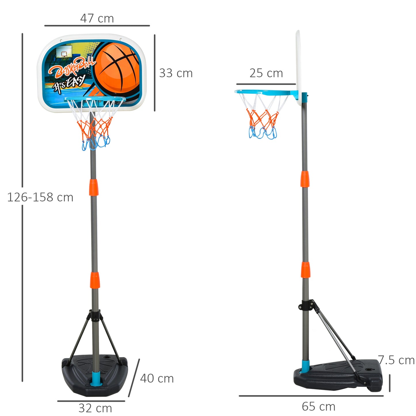 3 Pcs Kids Basketball Set W/ Hoop Ball Pump Height Fillable Base 3-8 Yrs