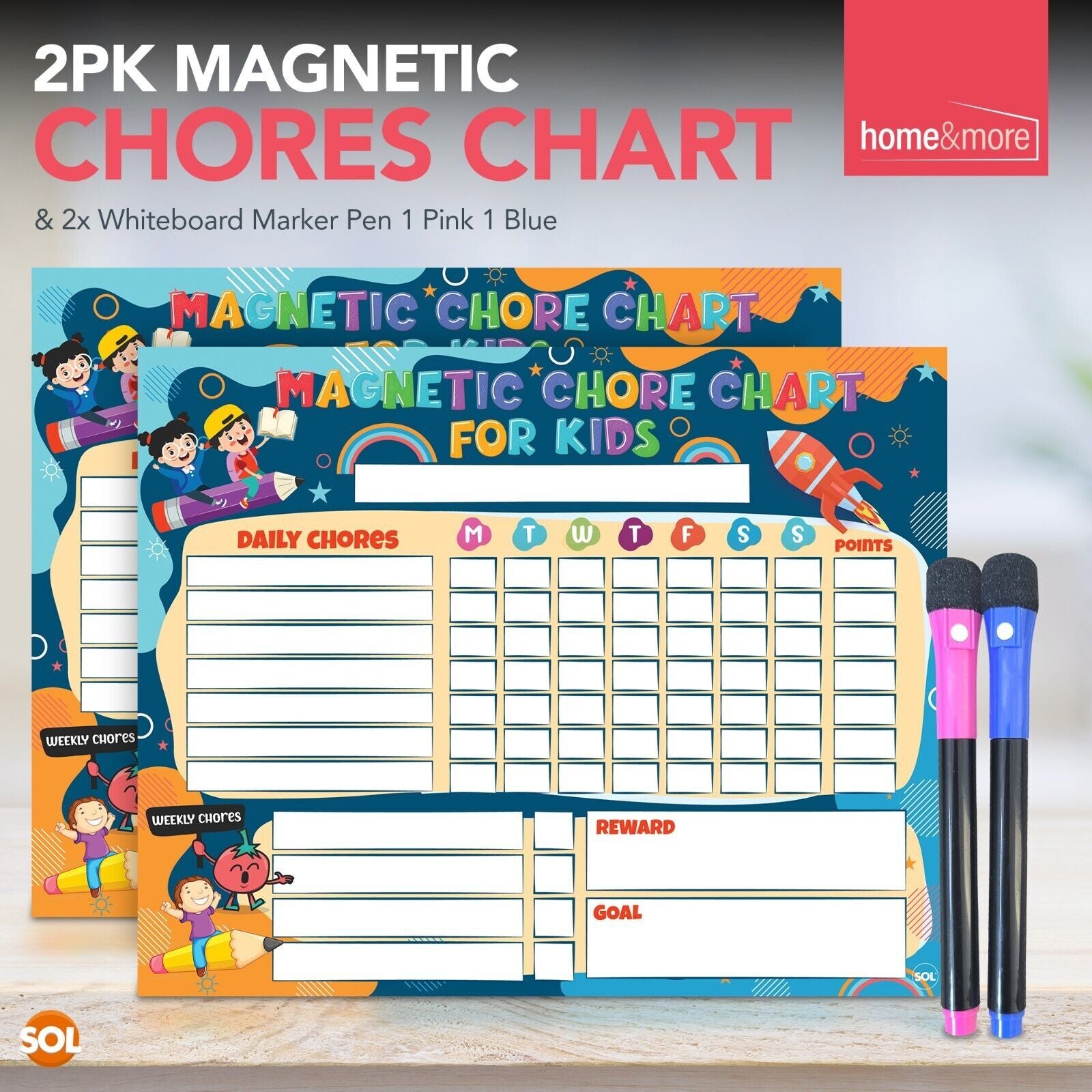 2Pk Reward Chart Magnetic Reusable Behaviour Chore for Kids Children + Wipe Pens