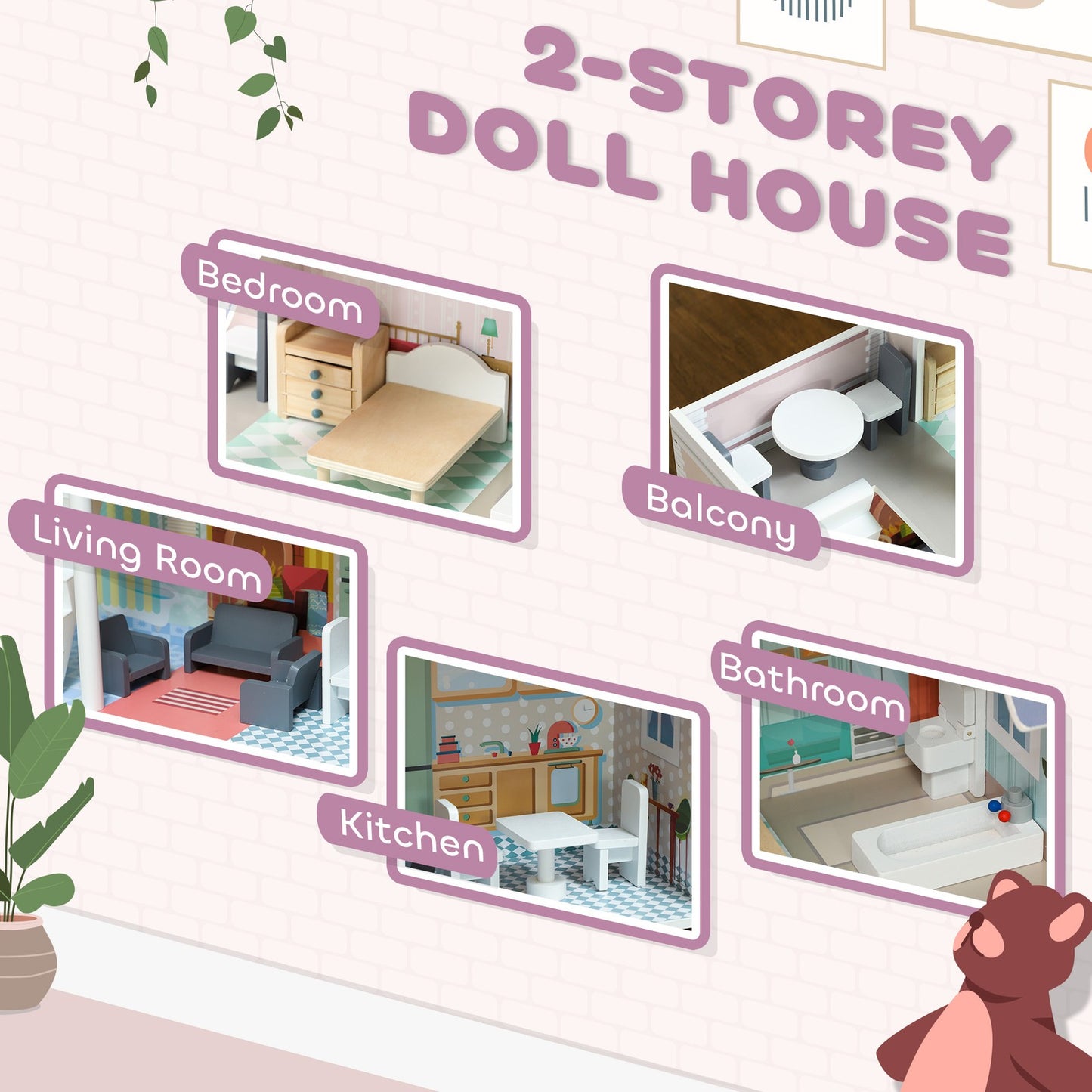 2 Levels Doll House, Pretend Play Set W/ 13 Furniture Pieces, for 3-6 Years