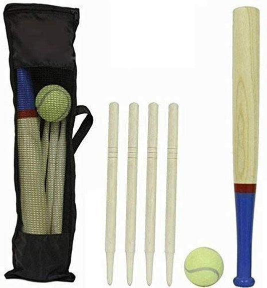 6 Piece Wooden Rounders Set & Carry Bag - Baseball Bat & Soft Tennis Ball Garden