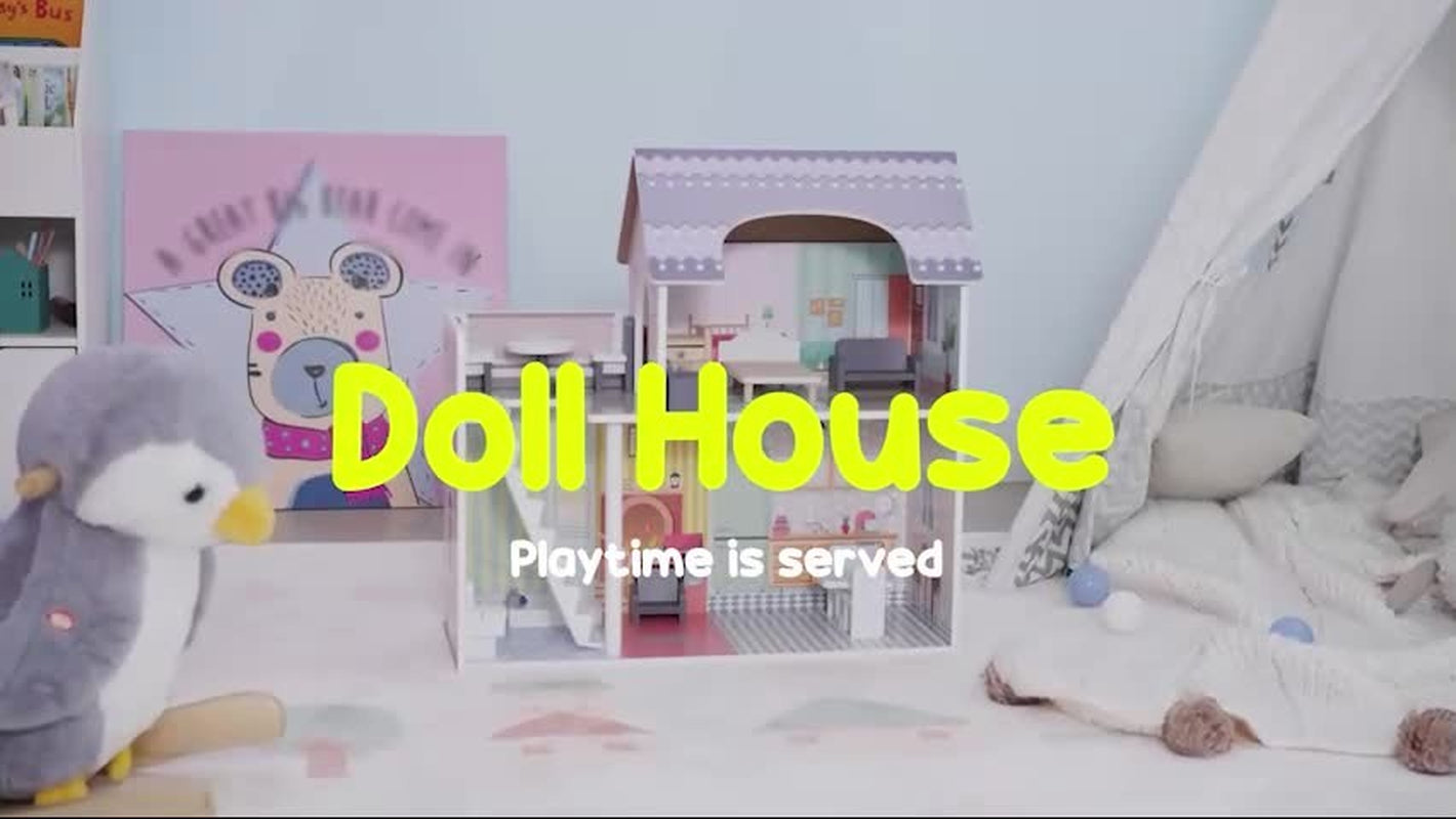 2 Levels Doll House, Pretend Play Set W/ 13 Furniture Pieces, for 3-6 Years