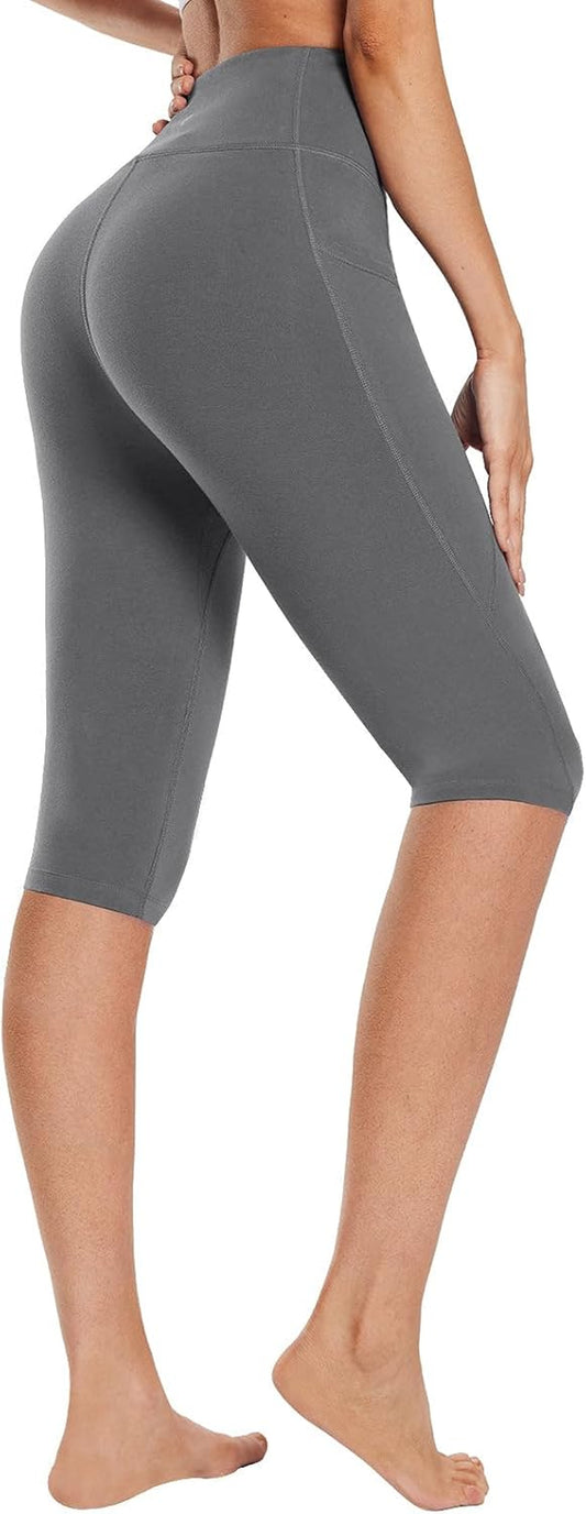 Women'S Knee Length Cotton Capri Leggings with Pockets, High Waisted Casual Summer Yoga Workout Exercise Pants
