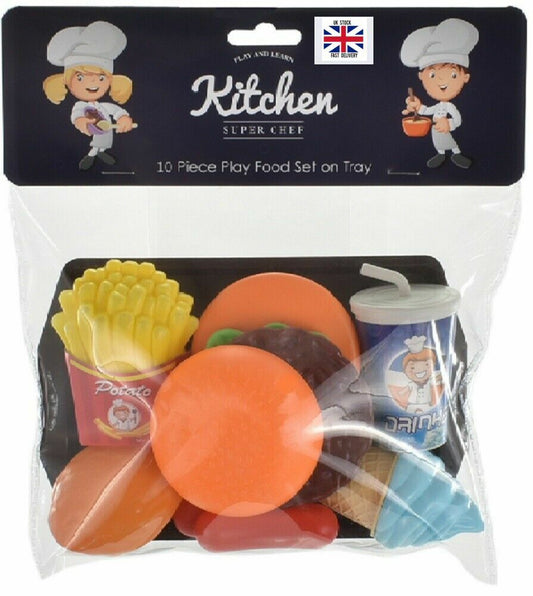 10PC CHILDREN FOOD SET on TRAY PRETEND ROLE PLAY SAFE FUN- KIDS XMAS GIFT