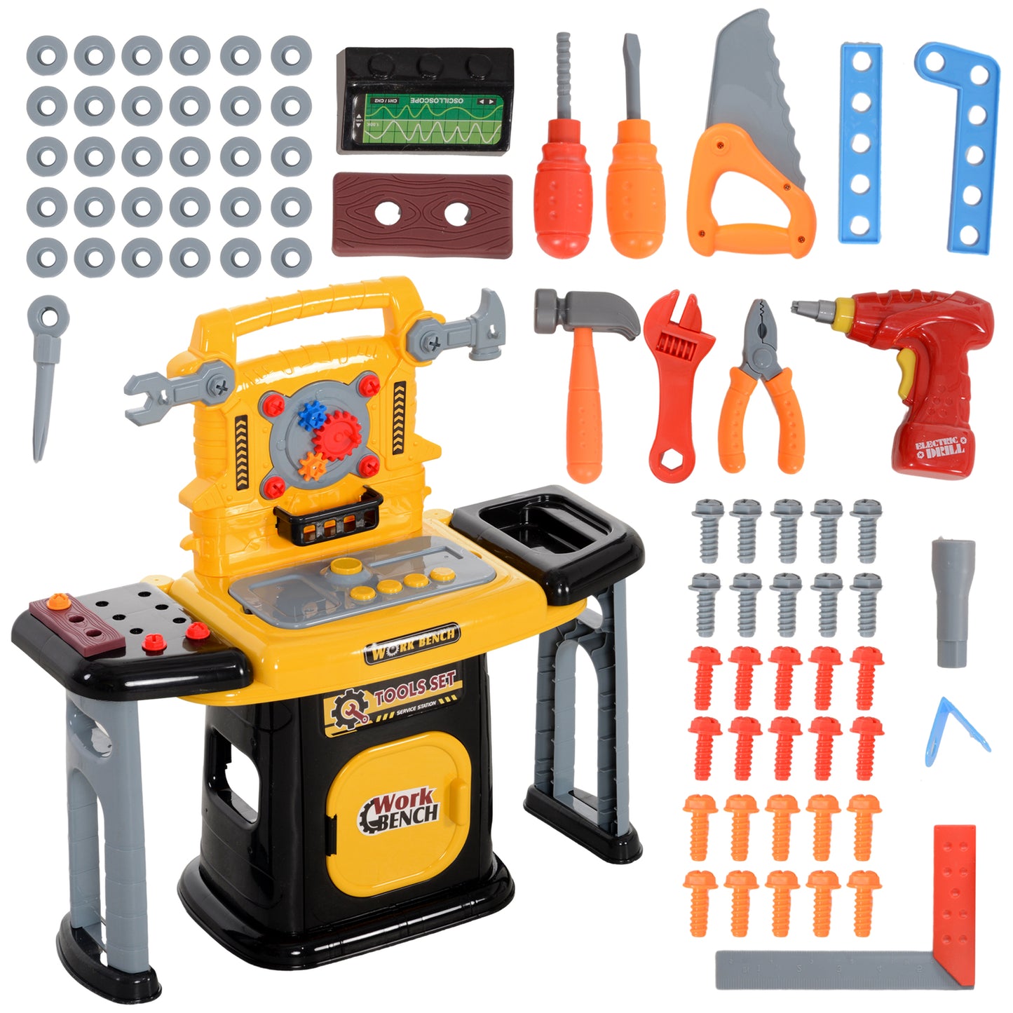 102-Piece Kids Tool Bench with Electric Drill, Storage, for 3-6 Years, Yellow