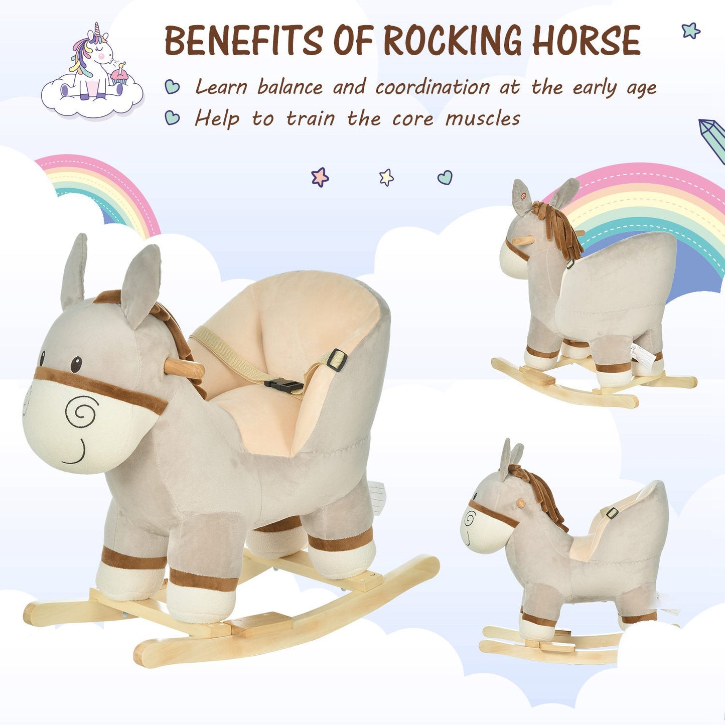 HOMCOM Cute Kids Ride-On Rocking Donkey W/ Sound Handlebars Seat Belt Plush Body