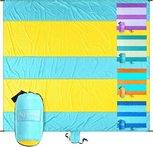 Premium XXL Beach Blanket Sandproof Water Resistant Quick Dry Mat 10Ft by 9Ft for 1-8 Adults with 4 Metal Stakes, 4 Corner Pockets, Secure Clip and Strap, and Attached Bag