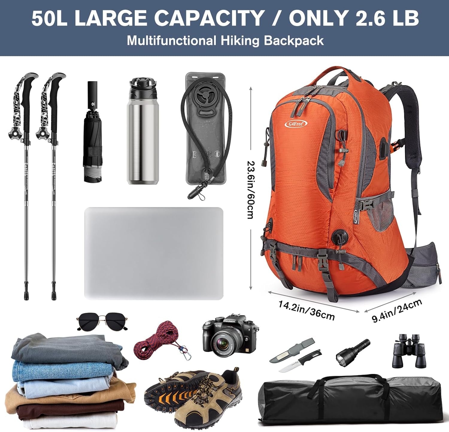 50L Hiking Backpack Waterproof Daypack Outdoor Camping Climbing Backpack with Rain Cover for Men Women