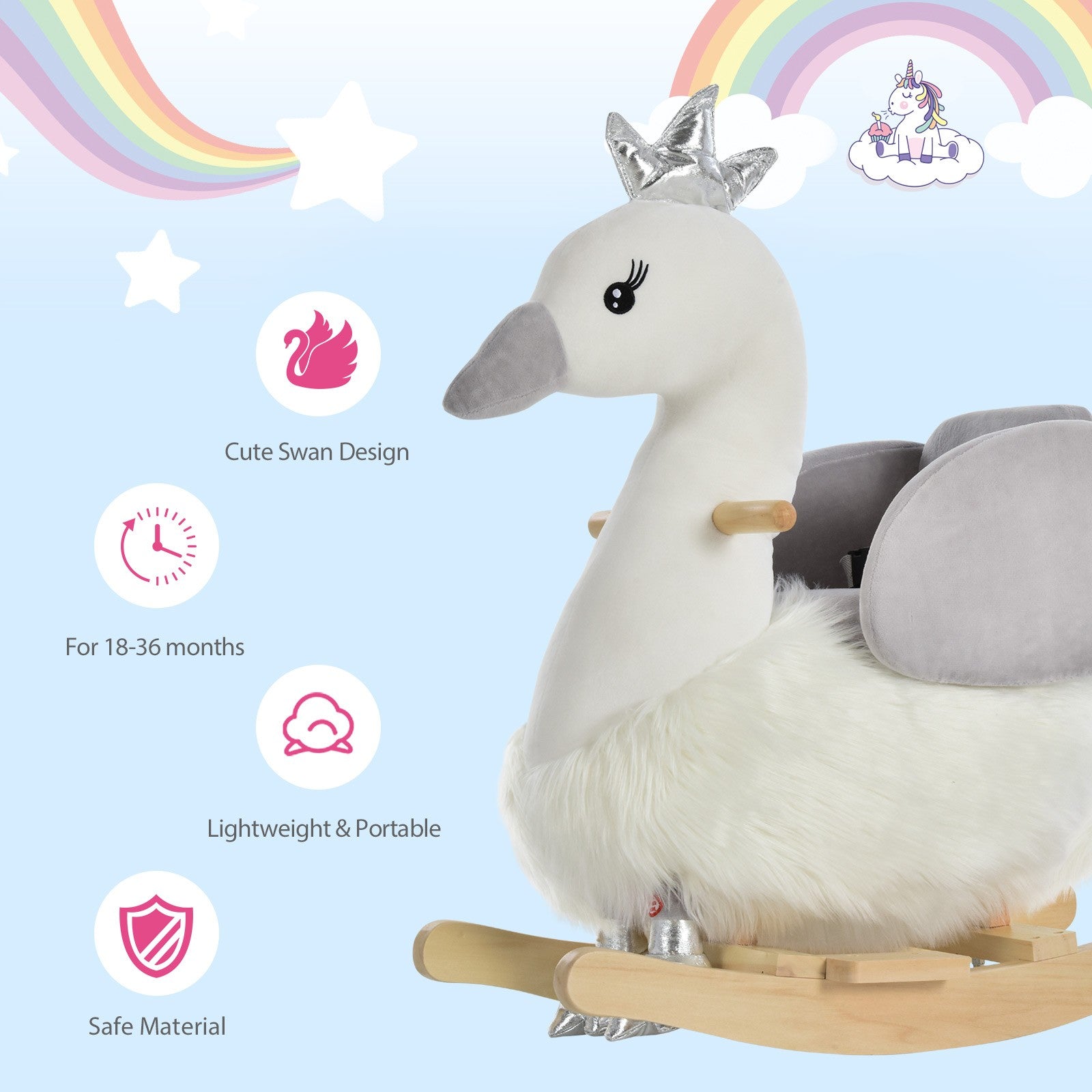 Cute Kids Ride-On Rocking Swan W/ Sound Handlebars Seat Belt Plush Body
