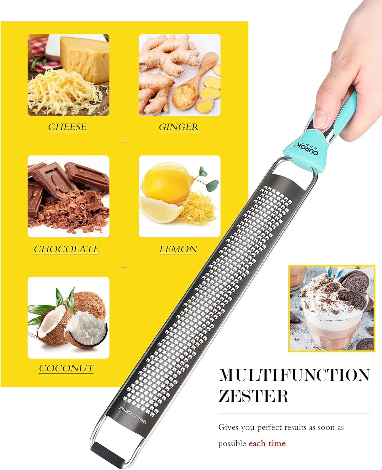 Kitchen Lemon Zester, Stainless Steel Hand Held Parmesan Cheese Grater for Ginger, Chocolate, Coconut, Lime, Nutmeg, Citrus, Fruit, Vegetable with Cleaning Brush, Dishwasher Safe, Blue