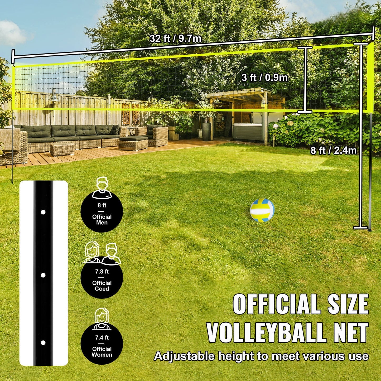 Portable Volleyball Net Kit for Outdoor Use, Steel Poles with Adjustable Height, Pro Volleyball Set Including PVC Volleyball, Pump, Transport Bag, Robust Volleyball Net