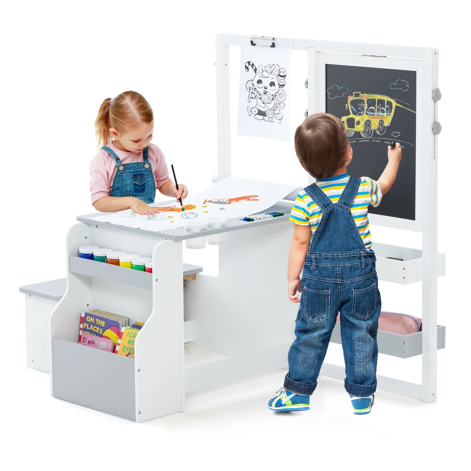 Kids Art Easel Table and Bench Set with Adjustable Easel and Bookshelf