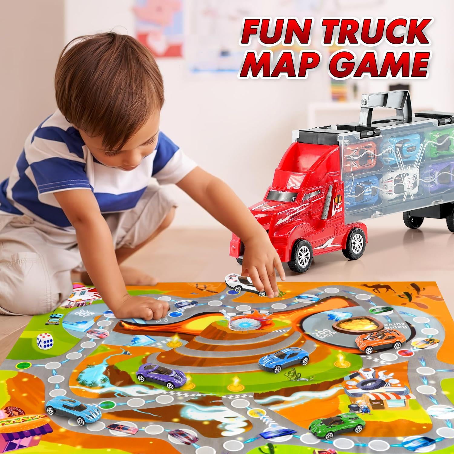 Toy Car Transporter Carrier Truck Car Launcher Board Game Dice 6 Cars Included