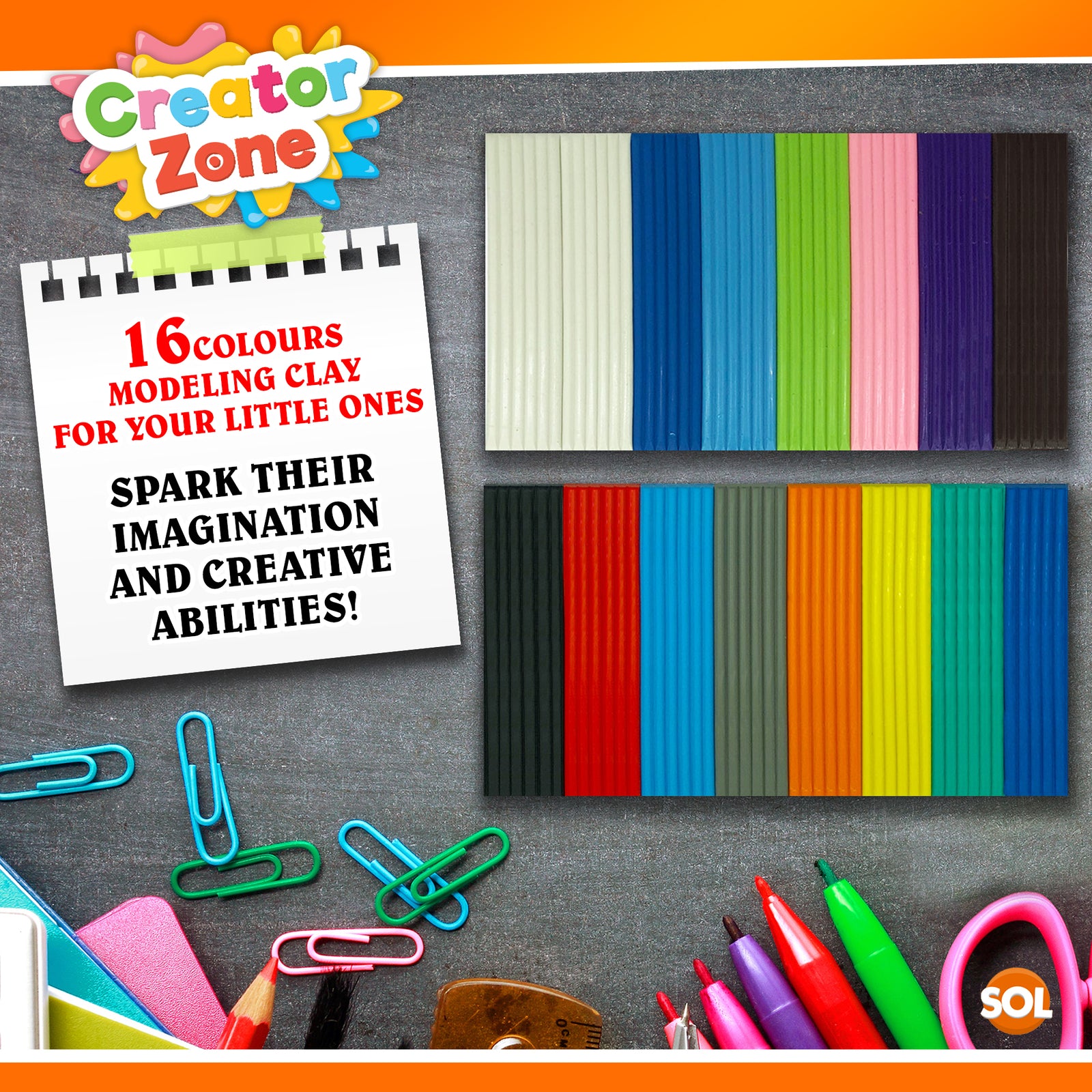 16Pk Kids Modelling Clay Set 16 Colours Plasticine Putty Strips Children Craft