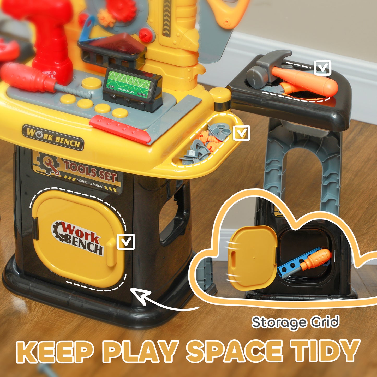 102-Piece Kids Tool Bench with Electric Drill, Storage, for 3-6 Years, Yellow