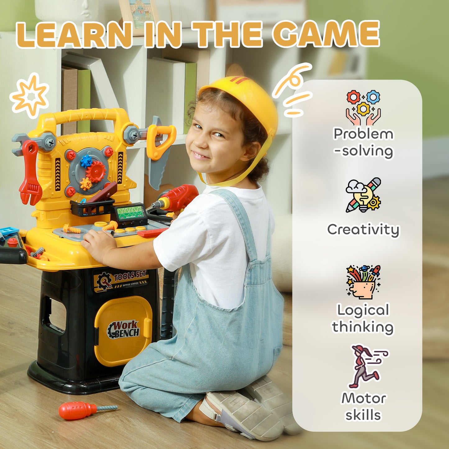 102-Piece Kids Tool Bench with Electric Drill, Storage, for 3-6 Years, Yellow