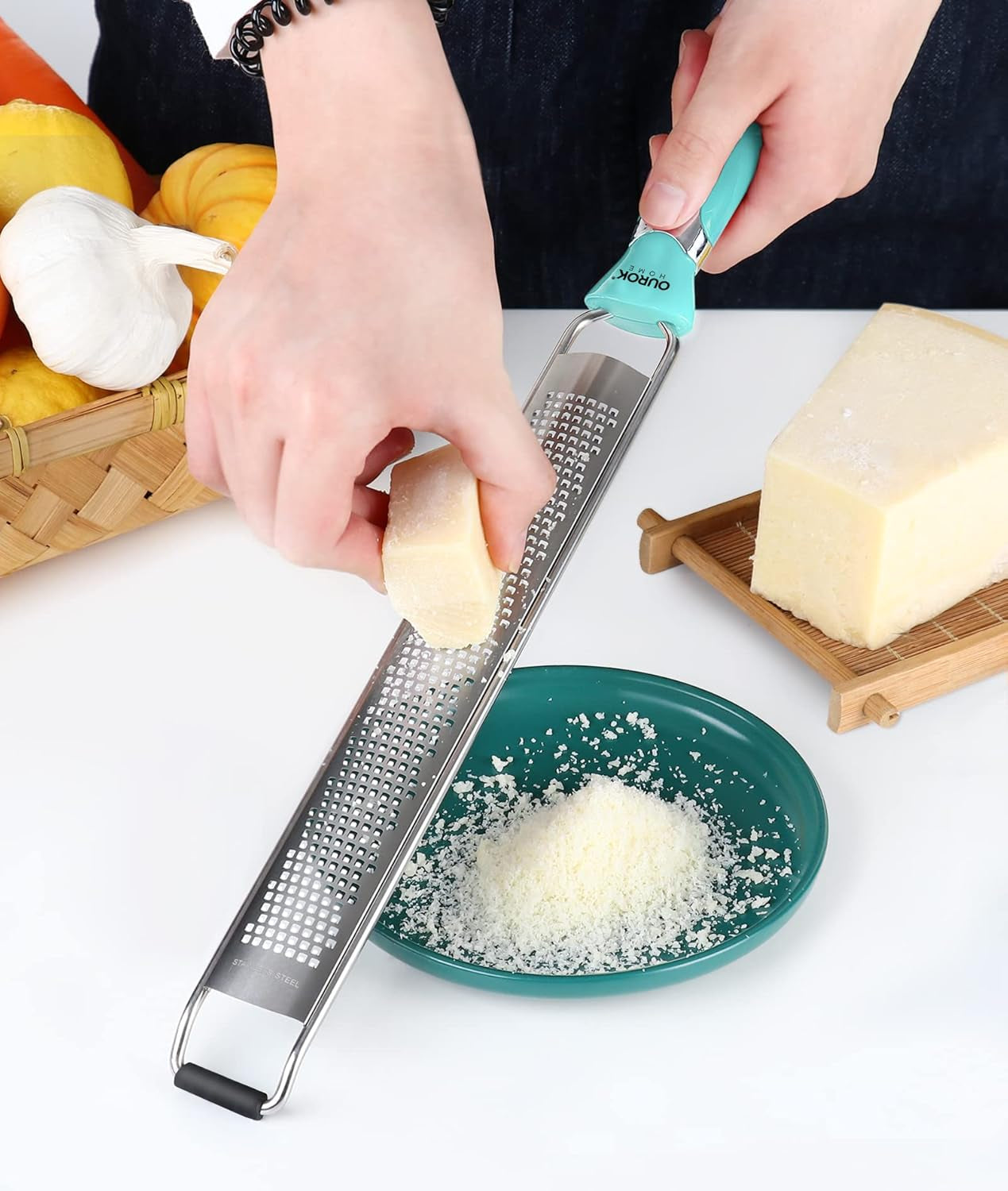Kitchen Lemon Zester, Stainless Steel Hand Held Parmesan Cheese Grater for Ginger, Chocolate, Coconut, Lime, Nutmeg, Citrus, Fruit, Vegetable with Cleaning Brush, Dishwasher Safe, Blue