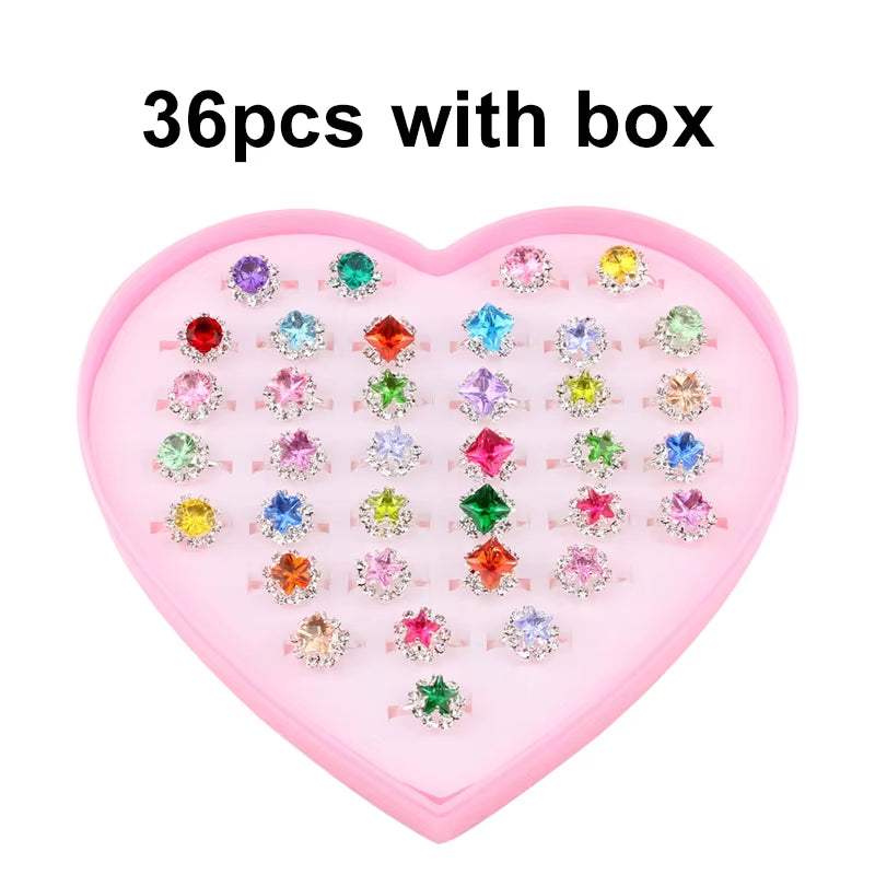 10/20/36 Pcs Cute Adjustable Rings Children Girls Pretend Play Makeup Toys Cartoon Crystal Jewelry Alloy Animal Enamel Ring
