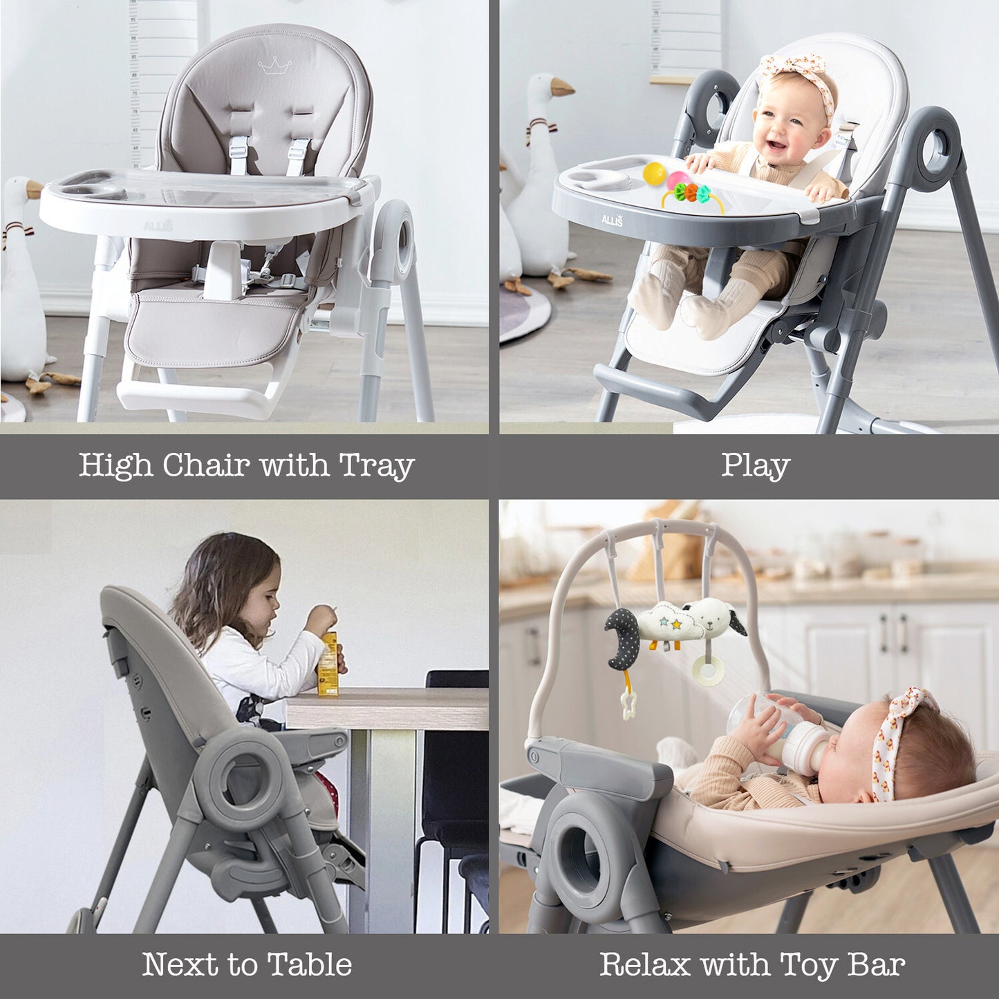 3-In-1 High Chair for Baby Kids Seat Highchair with Activity Toys - Grey/ White
